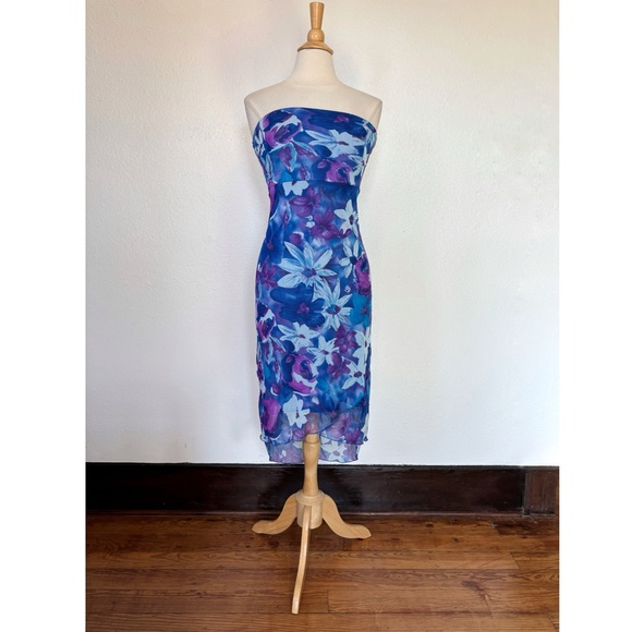 Vintage 90s Y2K Strapless Floral Blue & Purple High Low Dress - Picture 5 of 13